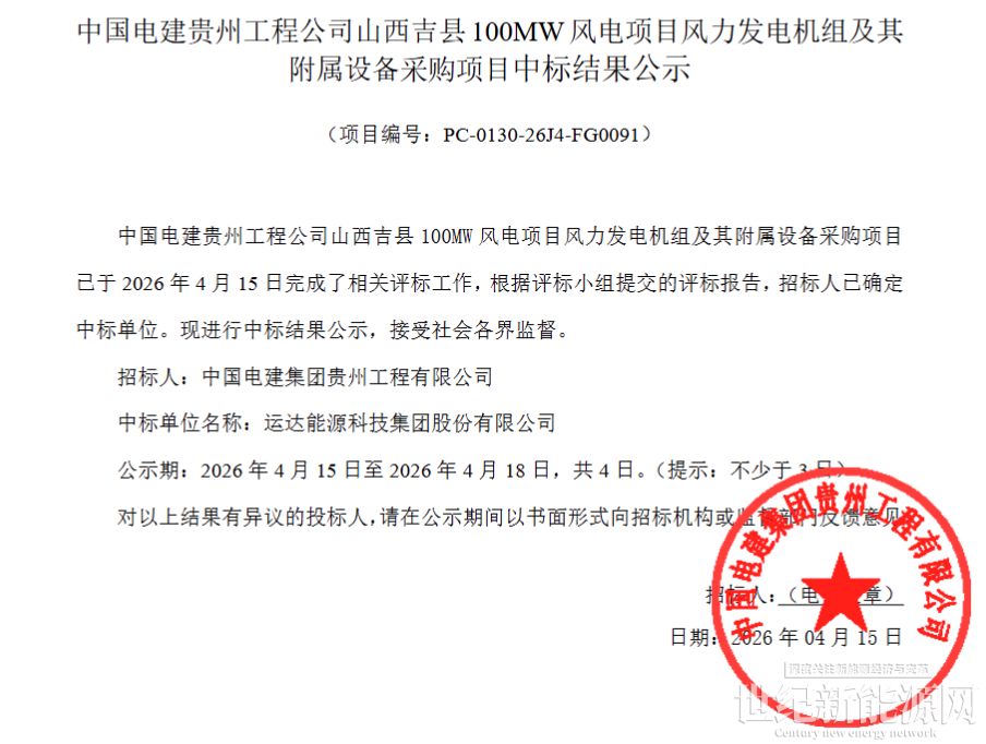 运达股份中标山西吉县100MW风电项目